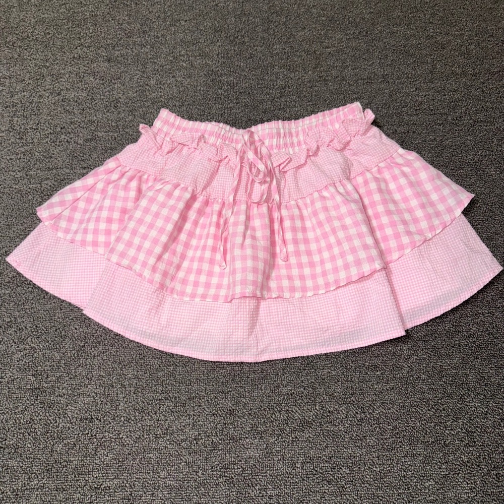 SHEIN Pink Gingham Tiered Ruffle Mini Skort XS Cotton Plaid Coquette Preppy